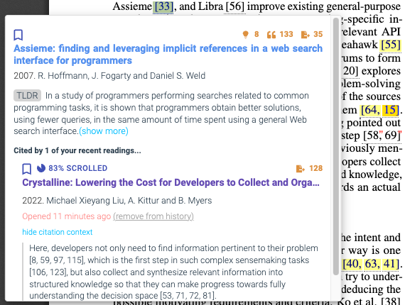 CiteSee: Augmenting Citations in Scientific Papers with Persistent and Personalized Historical Context